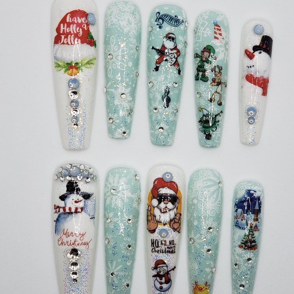 XXL Coffin-Ballerina Gel Press on Nails " Christmas Party "